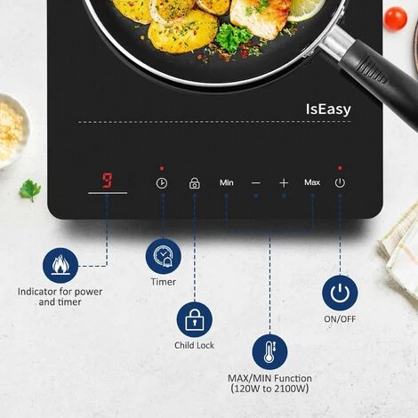 IsEasy Single Induction Cooker 2100W Portable Induction Hob With Slim Black Crystal Panel Body, Induction Plate With 9 Power Levels Setting, Max & Min Function, 8-hours Timer, Safety Lock 4 IsEasy Single Induction Cooker 2100W Portable Induction Hob With Slim Black Crystal Panel Body, Induction Plate With 9 Power Levels Setting, Max & Min Function, 8-hours Timer, Safety Lock - Image 2