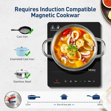 IsEasy Single Induction Cooker 2100W Portable Induction Hob With Slim Black Crystal Panel Body, Induction Plate With 9 Power Levels Setting, Max & Min Function, 8-hours Timer, Safety Lock 7 IsEasy Single Induction Cooker 2100W Portable Induction Hob With Slim Black Crystal Panel Body, Induction Plate With 9 Power Levels Setting, Max & Min Function, 8-hours Timer, Safety Lock - Image 5