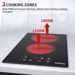 IsEasy Electric Ceramic Hob With Plug-in, Built-in & Portable Cooktop, 30cm 2 Zones 3000W [Energy Class A+] -Kitchen Supplies Discount Store 100028512 3
