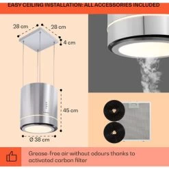 Klarstein Tron Ambience Island Extractor Hood Ø38cm Convection 540m³ / H LED Stainless Steel -Kitchen Supplies Discount Store 22969593 5