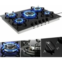 AREBOS Gas Hob 5 Burners Glass Ceramic Incl. Pot Rack & Ignition Fuse Autarkic Suitable For Natural Gas Or Propane Gas Gas Cooker Gas Cooker