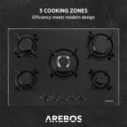 AREBOS Gas Hob 5 Burners Glass Ceramic Incl. Pot Rack & Ignition Fuse Autarkic Suitable For Natural Gas Or Propane Gas Gas Cooker Gas Cooker -Kitchen Supplies Discount Store 28597997 4
