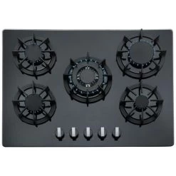 SIA R8 70cm Black 5 Burner Gas On Glass Hob With Cast Iron Pan Stands