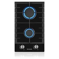 Built-in 2 Burner Gas Hob, Black Glass Gas Cooktop, Cooker With FFD And Cast Iron Pan Supports [Energy Class A+] Thermomate GHBG302