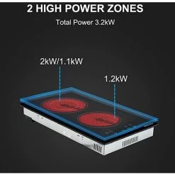 Ceramic Hob, 30cm Built-in 2 Zones Electric Cooktop Black Glass Cooker With Touch Controls & Timer, 3200W [Energy Class A+] Thermomate CHTB302 -Kitchen Supplies Discount Store 71426708 2