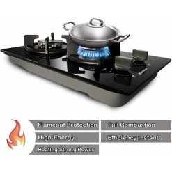 Karinear 30cm Built-in 2 Burners Gas Hob Black Tempered Glass Gas Cooktop, Cast Iron Pan Support, NG/LPG Convertible -Kitchen Supplies Discount Store 72566701 3
