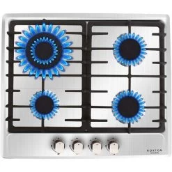 NOXTON Built-in 4 Burner Gas Cooker, Stainless Steel Gas Hob With Flame Out Protection, Cast Iron Pan Support, NG/LPG Kit, 59cm X 51cm