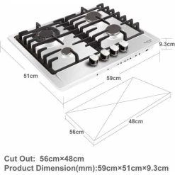 NOXTON Built-in 4 Burner Gas Cooker, Stainless Steel Gas Hob With Flame Out Protection, Cast Iron Pan Support, NG/LPG Kit, 59cm X 51cm -Kitchen Supplies Discount Store 72566718 3