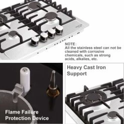 NOXTON Built-in 4 Burner Gas Cooker, Stainless Steel Gas Hob With Flame Out Protection, Cast Iron Pan Support, NG/LPG Kit, 59cm X 51cm -Kitchen Supplies Discount Store 72566718 5