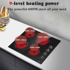 Ceramic Hob 4 Zones Electric Hob With Knobs Built In 6000W Ceramic Hob 60cm With Non-abrasive Black Glass Auto Switch Off Safety Hard Wire, No Plug Included -Kitchen Supplies Discount Store 72566724 3